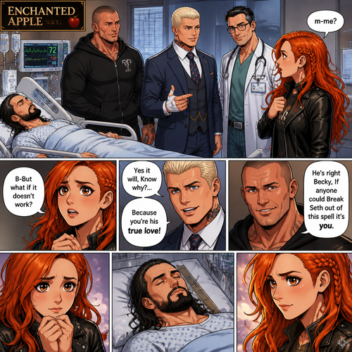 Part 3 of the Enchanted apple story.Seth Rollins is still unconscious at the hospital.Randy Orton,Cody Rhodes and the doctor were looking at Becky Lynch after Cody got the idea that true love’s kiss could break the spell. “m-me?” Asked Becky.Randy,Cody and the doctor nodded in response. “B-But what if it doesn’t work?” Asked Becky. “Yes it will,Know why?…Because you’re his true love!” Said Cody. “He’s right Becky,If anyone could Break Seth out of this spell it’s you” Said Randy