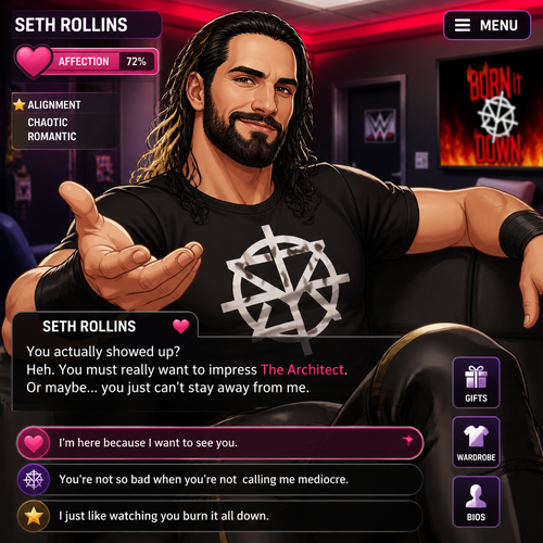 WWE superstar Seth Rollins as a character in a dating sim game
