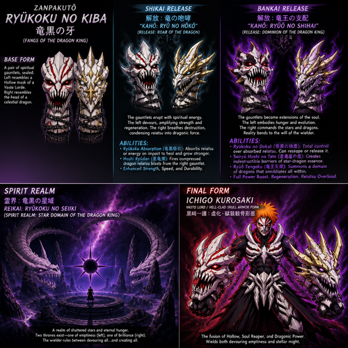 A zanpocto with Shikai and bankai releases.base form of zonpocto is gauntlets one the left looks like vasto lord mask the right looks like a star dragons head. Give me different pictures for each release and explain the ability's and show the zanpactõs spirit relm. Fuse Ichigo vasto lord form with Hell-Clad / Skull Armor form. Then put the gauntlets on ichigo.