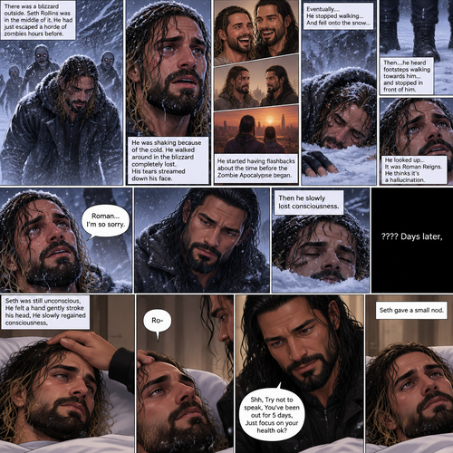 There was a blizzard outside,Seth Rollins was in the middle of it,He had just escaped a horde of zombies hours before.He was shaking because of the cold.He walked around in the blizzard completely lost.His tears streamed down his face.He started having flashbacks about the time before the Zombie Apocalypse began.Eventually….He stopped walking…And fell onto the snow,Then….he heard footsteps walking towards him…and stopped in front of him.He looked up…It was Roman Reigns.He thinks it’s a hallucination. “Roman…I’m so sorry” Seth said to the “Hallucination”,Then he slowly lost consciousness. ???? Days later,Seth was still unconscious,He felt a hand gently stroke his head,He slowly regained consciousness,The first thing he saw when he woke up…was Roman looking at him and Gently stroking his head.He tried to speak “Ro-“. “Shh,Try not to speak,You’ve been out for 5 days,Just focus on your health ok?” Roman said Softly.Seth gave a small nod