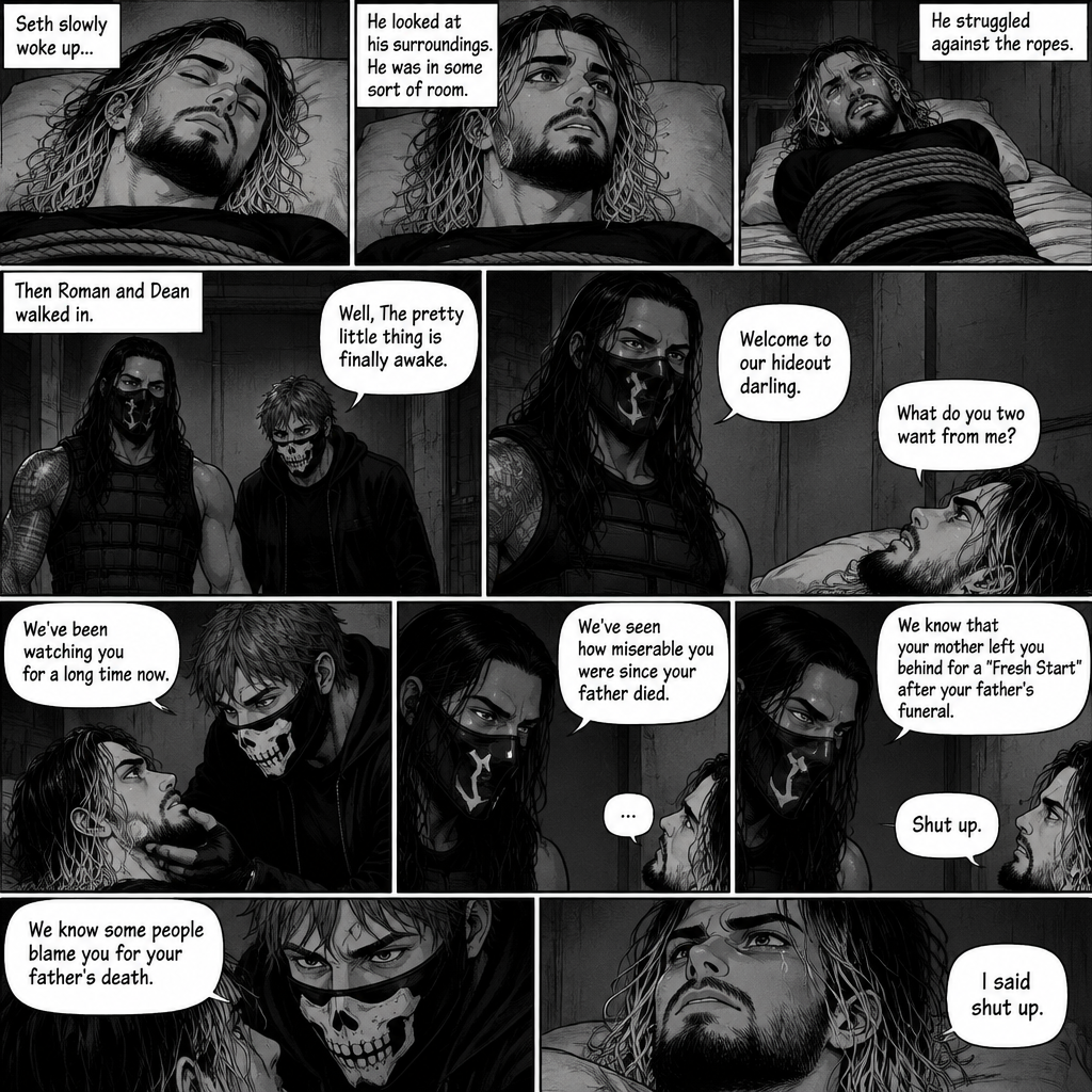 (Part 2 of an Ambrolleigns story) Seth Rollins was the son of a famous superhero who sacrificed himself for the world,He had just been kidnapped by two masked villains (Roman Reigns and Dean Ambrose). Seth was unconscious and tied up,Then he slowly woke up on some sort of bed. He looked at his surroundings,He was in some sort of room. He struggled against the ropes. Then Roman and Dean walked in. “Well,The pretty little thing is finally awake” Said Dean. Seth looked at them. “Welcome to our hideout darling” Said Roman. “What do you two want from me?” Seth asked. Dean lifted Seth’s chin. “We’ve been watching you for a long time now” Said Dean. “We’ve seen how miserable you were since your father died” said Roman. Seth stayed silent. “We know that your mother left you behind for a “Fresh Start” after your father’s funeral” said Roman. “Shut up” Seth said quietly. “We know some people blame you for your father’s death” Said Dean. “I said shut up” Said Seth