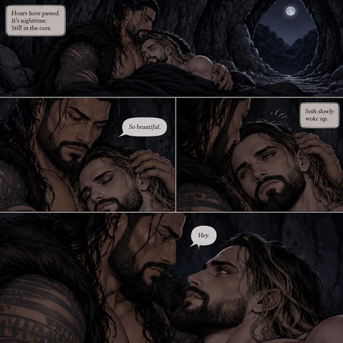 (Part 3 of the Werewolf x Vampire story) Still in the cave. Hours have passed,It’s nighttime. Roman Reigns (The werewolf) woke up. Seth Rollins (The vampire) was still asleep in Roman’s arms. Roman looked at Seth. He gently stroked his hair. “So beautiful” Roman said softly. Seth slowly woke up. “Hey” Roman said softly