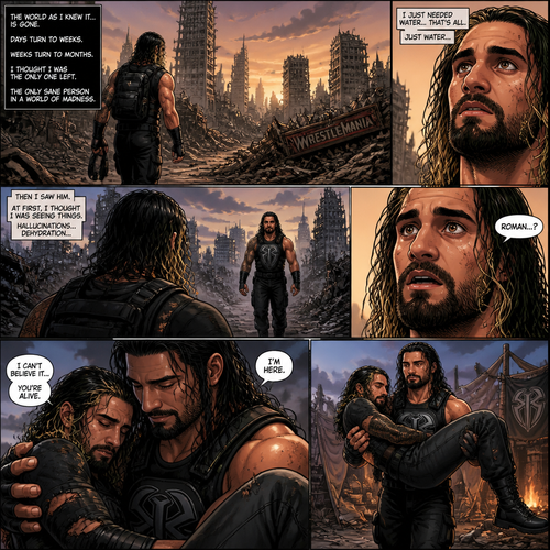 WWE superstar Seth Rollins in a post apocalyptic world trying to survive.He thought he was the only sane person left…. But he was wrong.One while was looking for water….He saw a familiar face…it was Roman Reigns.He thought he was hallucinating from dehydration…Till he fell into Roman’s arms.He realized…Roman was actually here.”I can’t believe it….you’re alive” Said Seth.Roman just simply smiled and Held Seth.Noticing how weak Seth was currently Roman lifted him up in his arms and walked back to his camp with him