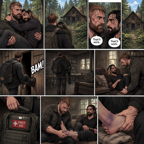 (Part 5). Still in the zombie apocalypse. Jon Moxley was walking in the woods while Holding Seth Rollins in his arms after emotional reunion near the river. Seth was resting his head on Jon’s shoulder while holding on. Jon looked ahead and he sees an abandoned Cabin. Seth Sees it too. Jon and Seth looked at each other,Then they looked back at the cabin. “That’ll work” Jon and Seth said in unison. Jon walked to the cabin,Then he kicked the door open and walked inside. He gently put Seth down on the couch. He reached into his bag and pulled out a first aid kit,He gently lifted Seth’s sprained ankle