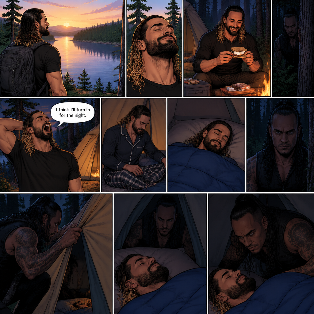 Seth Rollins was camping in the woods,he was enjoying the view of the lake and enjoying the fresh air,Hours later nighttime came,He was making s’mores at the campfire.He was enjoying himself…but…little did he know…that something…or someONE was watching him.Seth eventually got tired and yawned. “I think I’ll turn in for the night” said Seth.He went inside his tent,put pajamas on,got in his sleeping bag and went to sleep,Soon enough…Seth was deep asleep.The mysterious figure (Damien Priest) quietly walked to Seth’s tent,He opened the tent quietly.He looked at Seth,He quietly got inside the tent
