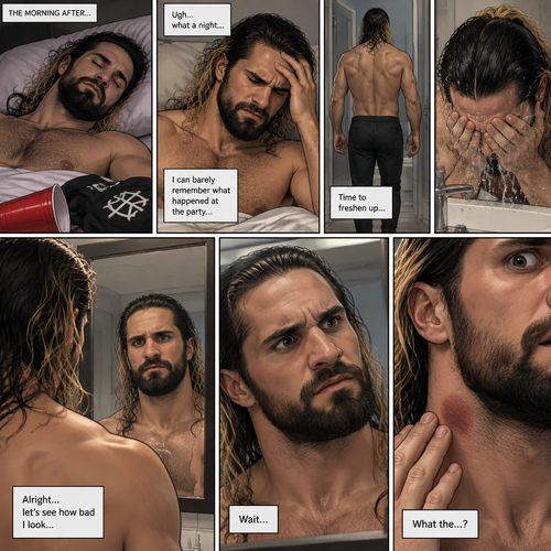 Seth Rollins was asleep after a party last night. Seth slowly woke up hungover,He can barely remember what happened at the party. He slowly got up,then he slowly walked to the bathroom. He splashed cold water in his face,Then he looked in the mirror…then…he noticed something on his neck