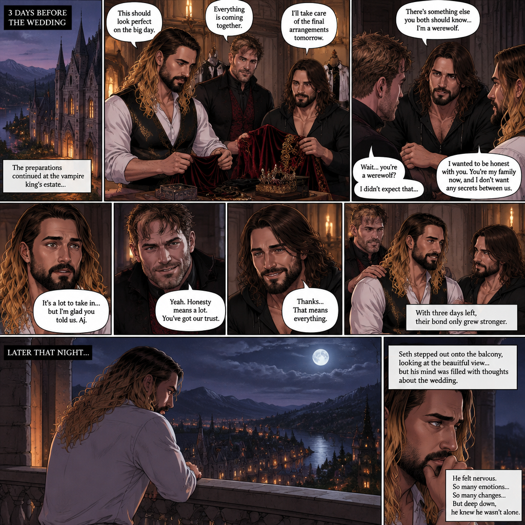 (Recap) Seth Rollins (The vampire hunter turned Bride of the Vampire king) was almost kidnapped by A mysterious figure (AJ Styles),Jon Moxley (Vampire King) Saved Seth,The man took off the hood and revealed he’s Seth’s brother,Seth was stunned. “What?” Seth asked,”I’m your brother” said Aj,Seth shook his head a little,”I don’t believe you” Said Seth,”I know this is a lot to process,but it’s true” said Aj,Jon gently pulled Seth to his side,”How do we know you’re telling the truth?” Jon asked cautiously,Aj shows his birthmark,It’s the shape of a crescent moon…just like Seth’s. Seth was stunned,All this time he thought he was the only one with that birthmark’”A-Are you really my brother?” Seth asked,”Yes Seth…I am” said Aj,”I have been searching for you…all these years” Aj paused,Tears welling up in his eyes,”And I finally found you” Aj continued,Seth didn’t know what to say,Neither did Jon,”I’ve never forgotten about you,little brother” Said Aj,Something flashed in Seth’s mind,it was a memory of himself and Aj when they were little,Aj (as a kid) had promised Seth he would never forget him,The flashback ends,Tears welled up in Seth’s eyes,Seth and Aj hugged each other,Jon just watched. (And now part 8). 3 days before the wedding,Seth and Jon were still preparing. Aj helped out. The night before Aj had told Jon and Seth that he’s a werewolf. Seth and Jon were shocked but were happy that Aj was being honest with them. Seth was on the balcony Looking at the view and Looking nervous about the wedding