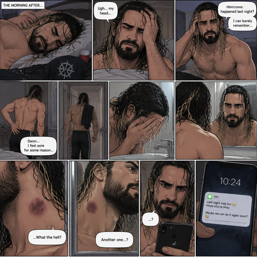 Seth Rollins was asleep after a party last night. Seth slowly woke up hungover,He can barely remember what happened at the party. He slowly got up,then he slowly walked to the bathroom. He felt a bit sore for some reason. He splashed cold water in his face,Then he looked in the mirror…then…he noticed something on his neck,It was a hickey. Then he noticed….another hickey on the other side of his neck. Then a text notification popped up on his phone