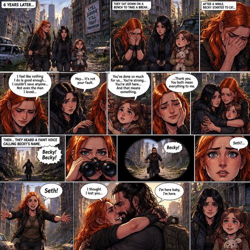 (Recap)It’s a zombie apocalypse,It’s been that way for 6 years,Becky lynch is surviving with two people,A teenager named Raven and a little girl named Sophie,They used to be part of a group…but they got wiped out by Bandits and Zombies,Becky,Raven and Sophie were the only ones that managed to escape.m,They’re currently walking in the city,They sat down on a bench to take a break,They were silent for a while,Then Becky started to cry,Raven and Sophie were concerned,Becky felt like nothing she did was good enough and that she couldn’t save anyone even the man she loved,Raven and Sophie were sad to see Becky like this,They reassured her,Becky smiled softly,They all hug each other. (And now part 2). Becky,Raven and Sophie were still sitting on the bench. Then…they heard a faint voice calling Becky’s name. They looked…and see a figure running towards them and calling Becky’s name in the distance. Becky grabbed her binoculars to see who it is. She couldn’t believe it…it was…The man she loved…the one who she thought she lost…Seth Rollins. Becky lowered her binoculars,her eyes widened in shock. “Seth?” Becky asked. Becky smiled and tears of joy rolled down her face. She ran towards him calling his name. They got to each other and hugged each other and cried tears of joy. “I thought I lost you” Becky said through her tears. “I’m here baby,I’m here” Said Seth. Raven and Sophie were watching. (End of part 2)
