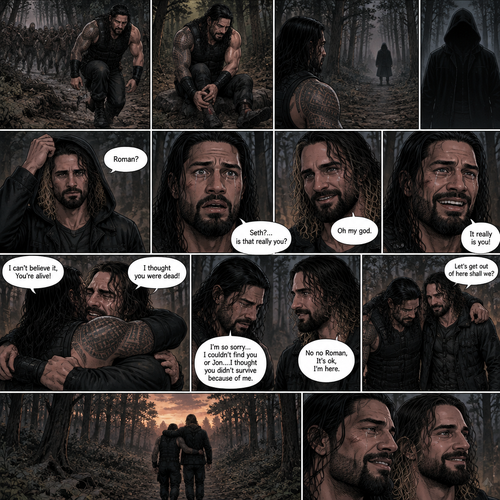 Roman Reigns is in a zombie apocalypse,He walking in the woods. He hurt his ankle while running away from a zombie horde. He’s far away from them and limping in the woods. The pain in his ankle was too much to ignore so he sat down on a rock,he sat there for a while….then….he heard distant footsteps. He looked behind him. There’s a hooded figure in the distance. He slowly stood up,he had his guard up. The hooded figure stopped walking. They were silent for a while. Then….the hooded figure took off his hood…it was….Seth Rollins. “Roman?” Said Seth. Roman’s eyes widened. “Seth?…is that really you?” Roman asked. Seth slowly smiled with joy. “Oh my god” Seth said softly. Roman slowly smiled and tears of joy welled up in his eyes. “It really is you!” Said Roman. Roman limped towards Seth while Seth runs towards Roman. They hugged each other and cried tears of joy. “I can’t believe it,You’re alive!” Seth Said through his tears. “I thought you were dead!” Roman said through his tears. After a while Roman and Seth looked at each other. “I’m so sorry…I couldn’t find you or Jon….I thought you didn’t survive because of me” said Roman. “No no Roman,It’s ok,I’m here” Seth said softly. Seth Wrapped Roman’s arm around his neck to help Roman walk. “Let’s get out of here shall we?” Said Seth. They began walking