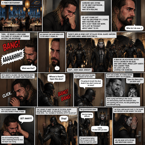 There’s a fancy restaurant,someone was crying in the men’s bathroom,That someone…was Seth Rollins. He just found out that his girlfriend of 5 years was cheating on him with a guy from her work. He’s Lost in thought about what to do. He was snapped out of his thoughts…when…he heard a loud bang followed by screams of terror outside the bathroom. “What was that?” Seth asked himself. He cracked the door open a bit to see what’s going on. There’s men in some sort of black royal guard uniform and dark angel wings bursting in…wait…Dark angel wings?!. A man in a black royal outfit with a crown on his head and dark angel wings (Jeff Hardy) was leading them,He looks like he’s…looking for someone. Seth quietly closed the bathroom door and locked it,his heart was pounding. Then…One of the men in royal guard uniform tried jiggling the bathroom door handle. Seth slowly and quietly backed away from the door. The man in the royal guard uniform banged on the door. “Whose is there?! Open this door!” The man in the royal guard uniform yelled. Seth kept quiet while the man kept banging on the door. “I’m going to break this door down if you don’t come out at once!!” The man in the royal guard uniform yelled. Seth was scared,He stared having flashbacks about his childhood. His dad yelling at him “Open this Damn door you little rat!!!”. Seth crying and hiding in the closet,his dad breaking down the bedroom door and opening the closet,his dad grabbing him and himself crying. The flashback ended. Seth was having a panic attack. “GET AWAY!!!” Seth yelled at the door. That seemed to make the man in the royal guard uniform more angry,He was about to kick the door open…till the man in the royal outfit yelled out “Stop!” At the guard. The guard backed down. The man in royal outfit walked over to the guard. “Sire he’s being difficult” the guard said. “Leave,I’ll deal with You later” the royal man said to the guard. The guard knew better than to argue so he did what the royal man asked. The royal man pressed his ear against the door,He can hear Seth crying and breathing heavily. Seth was still having a panic attack