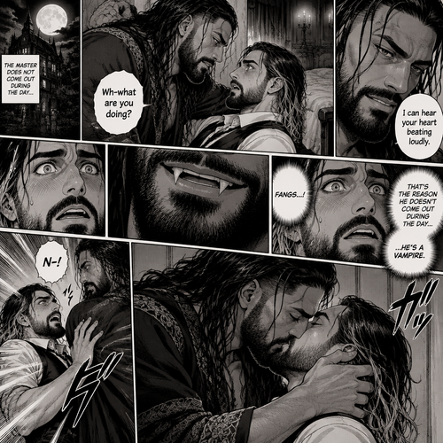 Part 2 of the Vampire x Butler story. Seth Rollins (The butler) was backed against the wall By Roman Reigns (The master of the house) in Roman’s bedroom. “Wh-what are you doing?” Seth asked nervously.Roman leaned forward to Seth’s neck.Seth’s heart beats loudly. Roman heard it,He whispered in Seth’s ear “I can hear your heart beating loudly”.Seth was flustered.Roman Smirked when he saw Seth’s reaction.Seth got a glimpse of Roman’s smirk.Roman Smiled,Seth Noticed…Fangs in Roman’s teeth.That’s when Seth Realized…the reason why Roman doesn’t come out during the day….is because he’s a vampire.Before Seth could shove him away and run…Roman Kissed him