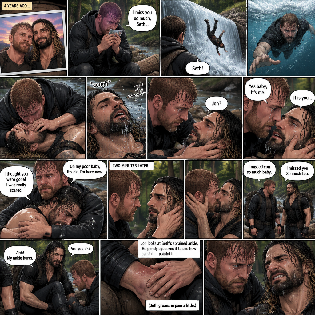 (Recap) Still in the zombie apocalypse. (This was Jon Moxley’s POV). Jon sat on a log near the river alone looking sad,He was looking at a romantic photo of him and Seth Rollins before the apocalypse began,He thought Seth died the day of the apocalypse started 4 years ago,He gently kissed the photo and said he misses Seth So much,He saw someone fall down the waterfall,he jumped in the water,As he swam he got a better look at the person,It turned out to be Seth,He swam faster and got him,He was to shore and Gently placed Seth’s down,He did CPR and mouth to mouth on Seth,When all hope seemed lost Seth coughed out water,Jon gently held Seth with tears of joy streaming down his face,Seth slowly opened his eyes,”Jon?” Seth asked weakly. (And now part 4). Jon gently placed his hand on Seth’s cheek. “Yes baby,It’s me” Jon said Softly. Seth gently placed his hand on Jon’s cheek to see if he’s real,Tears streamed down his face. “It is you” Seth said through his tears. Jon gently pulled Seth into a hug,Seth cried on Jon’s shoulder. Jon gently stroked the back of Seth’s head while Seth continued to cry on Jon’s shoulder. “I thought you were gone!,I was really scared!” Seth said through his tears. “Oh my poor baby,It’s ok,I’m here now” Jon said softly. Jon Gently rubbed Seth’s back to try to soothe him. After 2 minutes,Seth slowly stopped crying. They looked at each other,Jon gently wiped away the tears on Seth’s face,Then they kissed each other. “I missed you so much baby” Jon said softly. “I missed you So much too” Seth said softly. They stood up….then pain shut up Seth’s sprained ankle. “Are you ok?” Jon asked. “My ankle hurts” Said Seth. Jon looked at Seth’s sprained ankle,He gently squeezed it to see how painful it is,Seth groaned in pain a little.