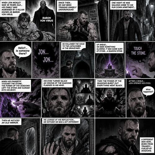 Jon Moxley as a vigilante born from tragedy. When he was 18 years old his family was murdered by a villain known as Baron Von Virus. Since then he had been training himself underground. One night he was walking home to his run down apartment…then he heard a mysterious voice call out his name. “Hello?…Is someone there?” Jon asked. It called out his name again. He followed the voice to the catacombs in the graveyard. Up ahead…He sees something glowing. It was some sort of stone…a shadow stone. Then the voice repeats “Touch the Stone”. Jon slowly walks towards the stone,His hand reaches out. When his fingertip touched the stone…the power of the shadows left the stone and surged into His body. His eyes turned black as visions of the shadows flashed in his mind. Then the power of the shadows burst out. Everything went black. After a while,Jon opened his eyes. “What happened?” Jon asked himself. Then he noticed an old mirror. He looked at his reflection…he noticed he was a bit different