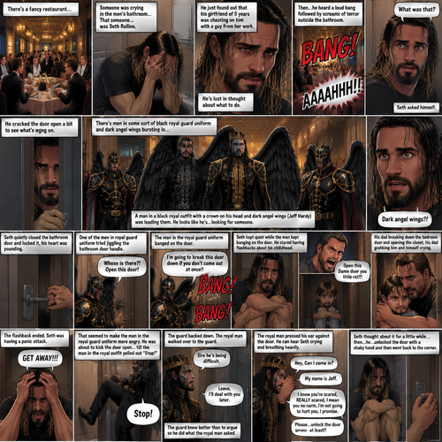 There’s a fancy restaurant,someone was crying in the men’s bathroom,That someone…was Seth Rollins. He just found out that his girlfriend of 5 years was cheating on him with a guy from her work. He’s Lost in thought about what to do. He was snapped out of his thoughts…when…he heard a loud bang followed by screams of terror outside the bathroom. “What was that?” Seth asked himself. He cracked the door open a bit to see what’s going on. There’s men in some sort of black royal guard uniform and dark angel wings bursting in…wait…Dark angel wings?!. A man in a black royal outfit with a crown on his head and dark angel wings (Jeff Hardy) was leading them,He looks like he’s…looking for someone. Seth quietly closed the bathroom door and locked it,his heart was pounding. Then…One of the men in royal guard uniform tried jiggling the bathroom door handle. Seth slowly and quietly backed away from the door. The man in the royal guard uniform banged on the door. “Whose is there?! Open this door!” The man in the royal guard uniform yelled. Seth kept quiet while the man kept banging on the door. “I’m going to break this door down if you don’t come out at once!!” The man in the royal guard uniform yelled. Seth was scared,He stared having flashbacks about his childhood. His dad yelling at him “Open this Damn door you little rat!!!”. Seth crying and hiding in the closet,his dad breaking down the bedroom door and opening the closet,his dad grabbing him and himself crying. The flashback ended. Seth was having a panic attack. “GET AWAY!!!” Seth yelled at the door. That seemed to make the man in the royal guard uniform more angry,He was about to kick the door open…till the man in the royal outfit yelled out “Stop!” At the guard. The guard backed down. The man in royal outfit walked over to the guard. “Sire he’s being difficult” the guard said. “Leave,I’ll deal with You later” the royal man said to the guard. The guard knew better than to argue so he did what the royal man asked. The royal man pressed his ear against the door,He can hear Seth crying and breathing heavily. Seth was still having a panic attack. The royal man gently knocked on the door. “Hey,Can I come in?” The royal man asked. Seth didn’t move. “My name is Jeff” said Jeff. “I know you’re scared,REALLY scared,I mean you no harm,I’m not going to hurt you,I promise” Jeff said softly. “Please…unlock the door at least?” Jeff asked politely. Seth thought about it for a little while…then…he…unlocked the door with a shaky hand and then went back to the corner
