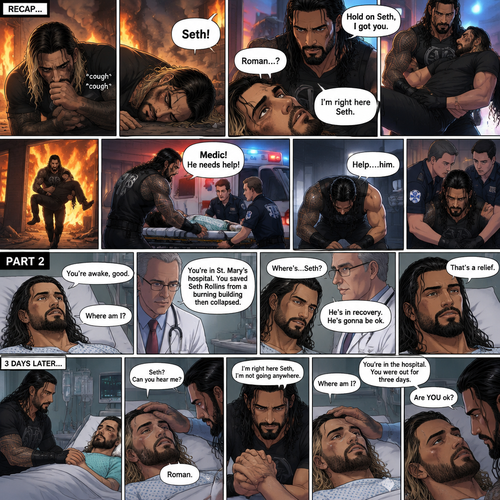 (Recap) Seth Rollins was trapped in a burning building,he couldn’t find a way out,he coughed because of the smoke,he collapsed on the ground,then he heard a familiar voice calling out his name,He opened his eyes,it was Roman Reigns,Seth weakly called out Roman’s name,Roman Rushed over to Seth,”I’m right here Seth” said Roman,he lifted Seth in his arms,”Hold on Seth,I got you” Roman said to Seth”,Roman runs towards an exit,he made it out,He runs to an ambulance with Seth in his arms,”Medic! He needs help!” Roman yelled,he puts Seth on a gurney,the paramedics wheel Seth to an ambulance,the adrenaline that Roman had wore off,”Help….him” said Roman,then….he collapsed on the ground,another team of paramedics rushed to Roman. (And now part 2). Roman woke up at the hospital. A doctor walked in. “You’re awake,good” said the doctor. “Where am I?” Roman asked. “You’re in st. Mary’s hospital,You Saved Seth Rollins from a burning building then collapsed” said the doctor. “Where’s…Seth?” Roman asked. “He’s in recovery,He’s gonna be ok” said the doctor. Roman was relieved. 3 days have passed,Seth was still unconscious at the hospital. Roman never left his side. Seth slowly woke up. “Seth? Can you hear me?” Roman asked softly. Seth spoke weakly “Roman”. Roman gently held Seth’s hand. “I’m right here Seth,I’m not going anywhere” Roman said softly. “Where am I?” Seth asked weakly. Roman gently stroked Seth’s head. “You’re in the hospital,You were out for three days” Roman said Softly. Seth looked at Roman. “Are YOU ok?” Seth asked softly