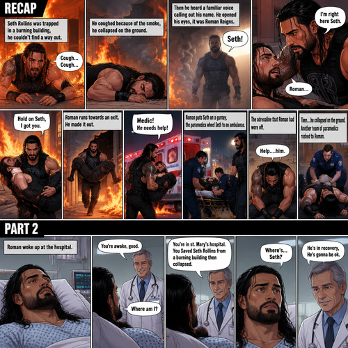 (Recap) Seth Rollins was trapped in a burning building,he couldn’t find a way out,he coughed because of the smoke,he collapsed on the ground,then he heard a familiar voice calling out his name,He opened his eyes,it was Roman Reigns,Seth weakly called out Roman’s name,Roman Rushed over to Seth,”I’m right here Seth” said Roman,he lifted Seth in his arms,”Hold on Seth,I got you” Roman said to Seth”,Roman runs towards an exit,he made it out,He runs to an ambulance with Seth in his arms,”Medic! He needs help!” Roman yelled,he puts Seth on a gurney,the paramedics wheel Seth to an ambulance,the adrenaline that Roman had wore off,”Help….him” said Roman,then….he collapsed on the ground,another team of paramedics rushed to Roman. (And now part 2). Roman woke up at the hospital. A doctor walked in. “You’re awake,good” said the doctor. “Where am I?” Roman asked. “You’re in st. Mary’s hospital,You Saved Seth Rollins from a burning building then collapsed” said the doctor. “Where’s…Seth?” Roman asked. “He’s in recovery,He’s gonna be ok” said the doctor