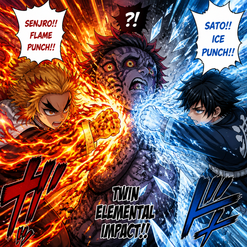 Senjiro hits the demon’s with a flaming punch and. Sato an ice punch 