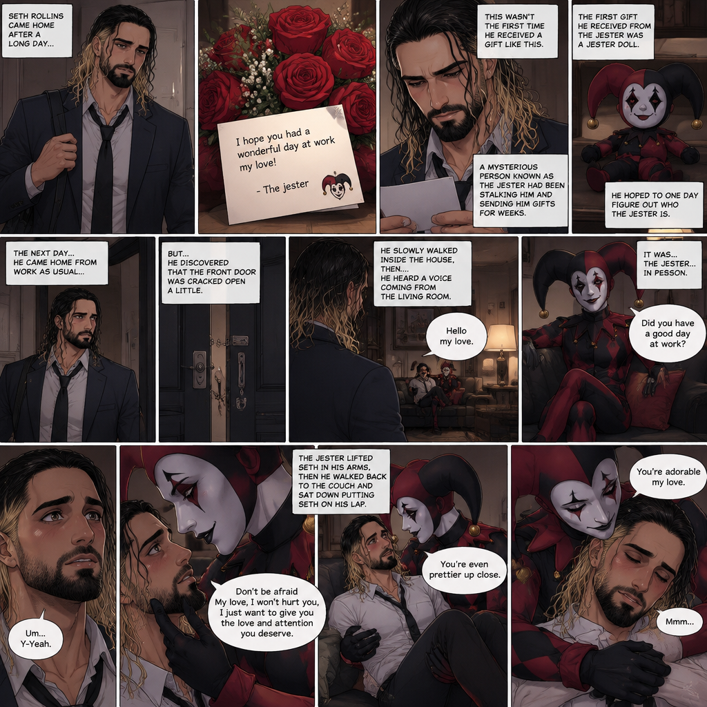 Seth Rollins came home after a long day,He discovered a bouquet of roses on his table. He reads the card,it says “I hope you had a wonderful day at work my love!-The jester”. This wasn’t the first time he received a gift like this. A mysterious person known as the Jester had been stalking him and sending him gifts for weeks. He was never able to figure who this person is. The first gift he received from the jester was a jester doll. He hoped to one day figure out who the jester is. The next day,he came home from work as usual….but….he discovered that the front door was cracked open a little. He got tense and approached with caution. He slowly walked inside the house,then….he heard a voice coming from the living room “Hello my love”. He looked at the source….it was…the jester….in person,Sitting on Seth’s couch. There was something familiar about him…but Seth couldn’t figure it out. “Did you have a good day at work?” Asked the Jester. Seth was a little nervous. “Um…Y-Yeah” said Seth. Seeing how nervous Seth was The Jester slowly walked towards Seth. He gently lifted Seth’s chin. “Don’t be afraid My love,I won’t hurt you,I just want to give you the love and attention you deserve” the jester said softly. Seth blushed a little. The jester lifted Seth in his arms,Then he walked back to the couch and sat down putting Seth on his lap. “You’re even prettier up close” the jester said softly. Seth’s heart fluttered. The jester Wrapped his arms around Seth. “You’re adorable my love” The jester said softly. Seth hummed softly