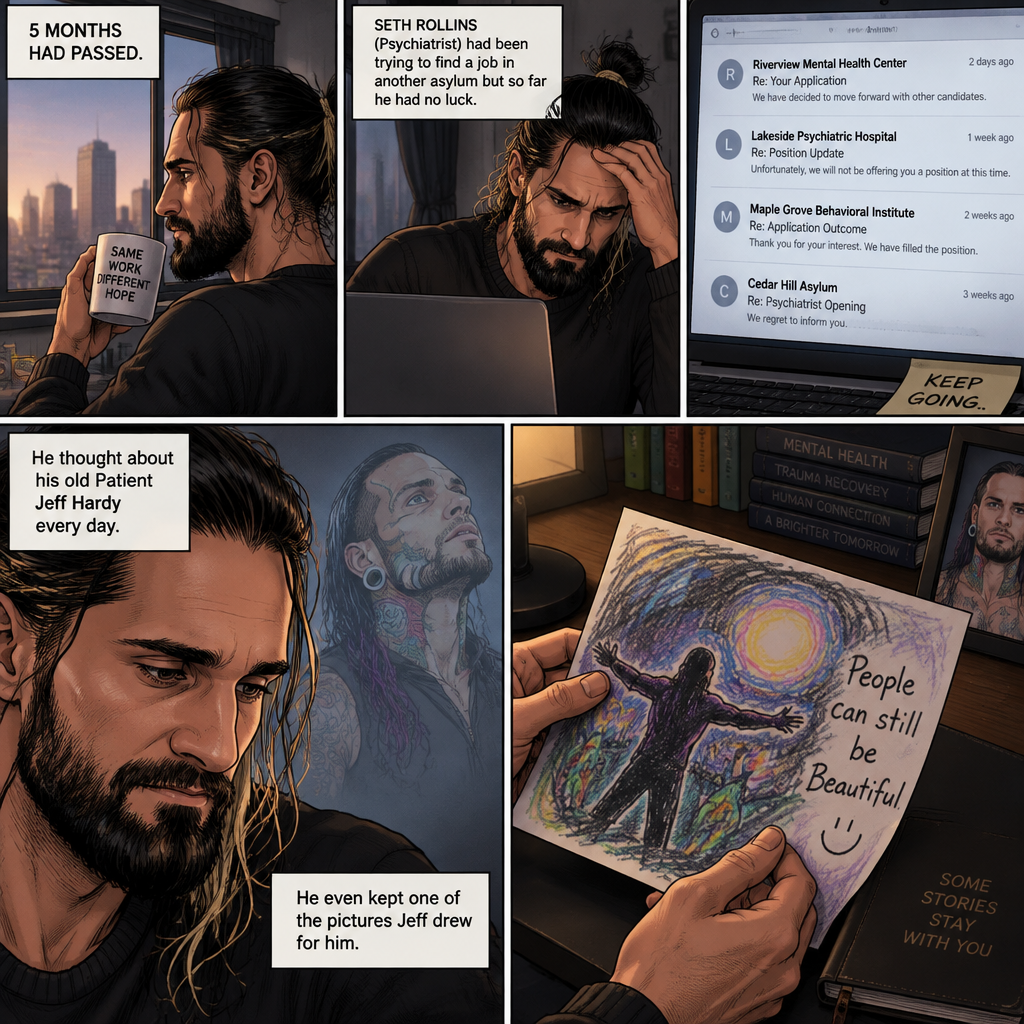 (Part 2) 5 months had passed,Seth Rollins (Psychiatrist) had been trying to find a job in another asylum but so far he had no luck,He thought about his old Patient Jeff Hardy every day. He even kept one of the pictures Jeff drew for him