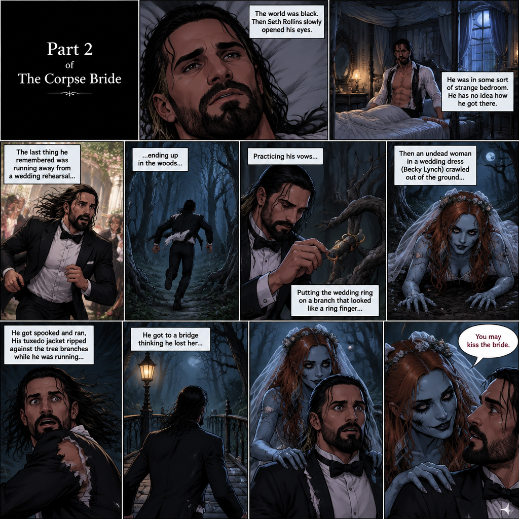 (Part 2 of the corpse bride,Seth x Becky style). The world was black. Then Seth Rollins slowly opened his eyes,He was in some sort of strange bedroom. He has no idea how he got there. The last thing he remembered was running away from a wedding rehearsal,ending up in the woods,Practicing his vows,Putting the wedding ring on a branch that looked like a ring finger,Then an undead woman in a wedding dress (Becky Lynch) crawled out of the ground,He got spooked and ran,His tuxedo jacket ripped against the tree branches while he was running,He got to a bridge thinking he lost her,The undead bride appeared,She gently placed her hands on his shoulders and said “You may kiss the bride”