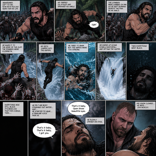 (Recap) Seth Rollins was running from a zombie horde in the woods after getting abandoned and left to die by his own group,He tripped on a rock and sprained his ankle,The zombies were gaining on him so he kept running despite the pain in his ankle,He made it to the edge of the cliff,The zombies were closing in,So Seth jumped into the rapids,He tried to swim but the rapids were too strong,He ended up going down a waterfall and hitting the water,Then everything went black. (And now part 2). Everything was still black. It’s been like that for a while,Then…..He felt his body coughing out water…and….he started to hear….A familiar voice fade in “That’s it baby,That’s it baby,I got you”. He slowly opened his eyes,The familiar voice spoke again “That’s it baby,Open those beautiful eyes”. Seth’s vision cleared….He sees….Jon Moxley..Looking down at him and holding him