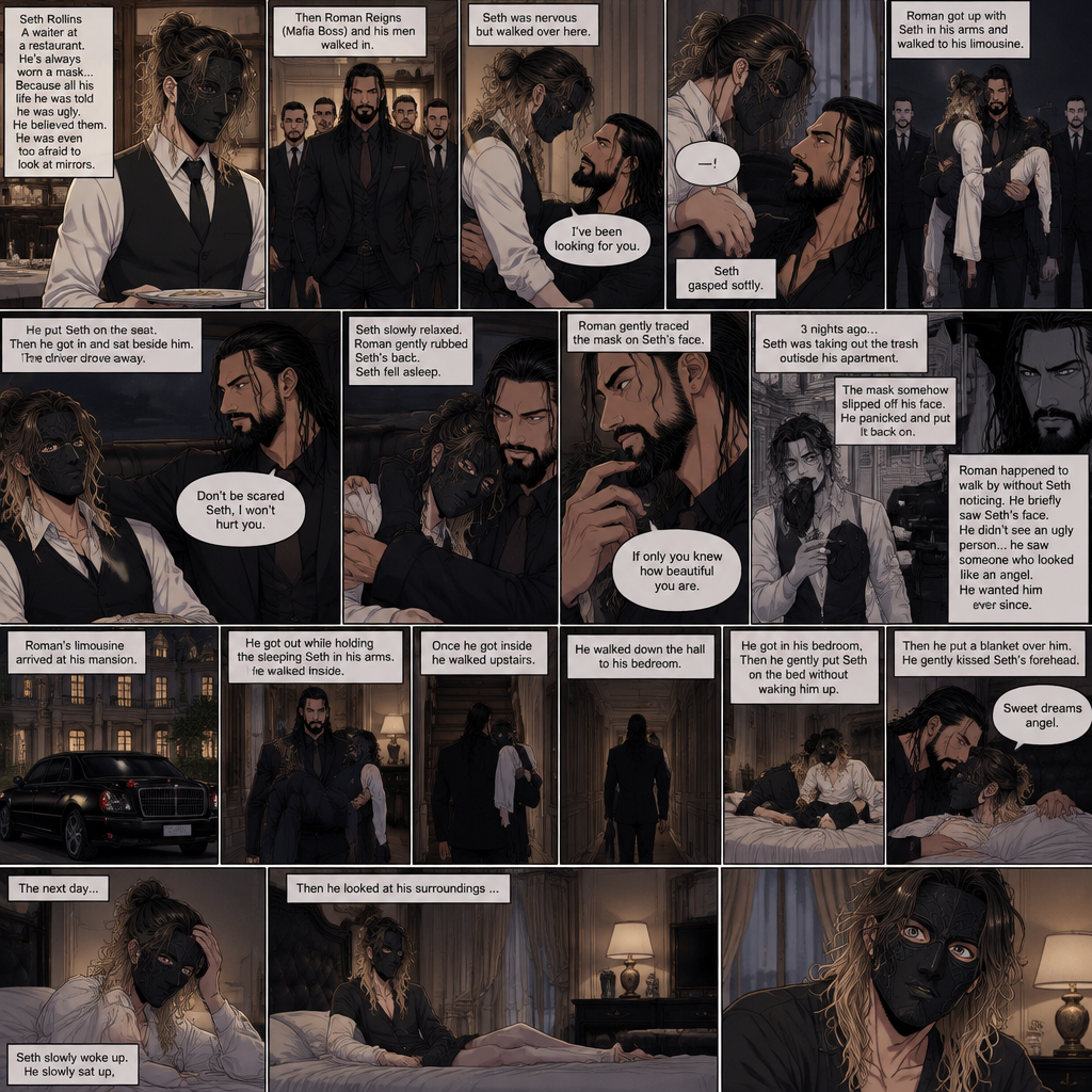 (Recap) Seth Rollins is a waiter at a restaurant,He’s wearing a mask that covers his face because all his life he was told he was ugly and he believed them,He’s also was even too afraid to look at mirrors,Then Roman Reigns (Mafia Boss) and his men walked in,Seth was nervous but walked over here,Roman wrapped his arm around Seth’s waist and pulled him onto his lap,Seth gasped softly,Roman stated that he’s been looking for him,He got up with Seth in his arms and walked to his limousine,He put Seth on the seat,Then he got in and sat beside him,The driver drove away,Roman Wrapped his arm around Seth,”Don’t be scared Seth,I won’t hurt you” Roman Said softly. Seth slowly relaxed,Roman gently rubbed Seth’s back,Seth fell asleep,Roman gently traced the mask on Seth’s face,”If only you knew how beautiful you are” Roman said Softly,3 nights ago Seth was taking out the trash outside his apartment,Roman happened to walk by without Seth noticing,The mask somehow slipped off Seth’s face,He panicked and picked it up and put it back on,Roman briefly saw Seth’s face,He didn’t see an ugly person,he saw someone who looked like an angel,He wanted him ever since. (And now part 4). Roman’s limousine arrived at his mansion. He got out while holding the sleeping Seth in his arms. He walked inside,Once he got inside he walked upstairs. He walked down the hall to his bedroom. He got in his bedroom,Then he gently put Seth on the bed without waking him up,Then he put a blanket over him. He gently kissed Seth’s forehead. “Sweet dreams angel” Roman said softly. The next day,Seth slowly woke up. He slowly sat up,Then he looked at his surroundings