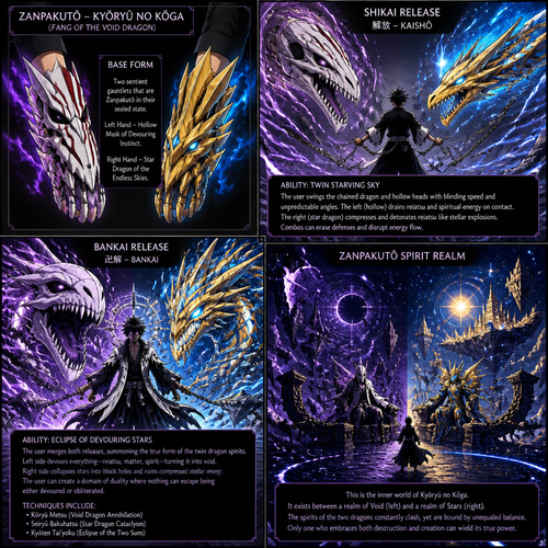 A zanpoctō with Shikai and bankai releases.base form of zonpoctō is gauntlets one the left looks like vasto lord mask the right looks like a star dragons head. Give me different pictures for each release and explain the ability’s and show the zanpactōs spirit relm. Plz u always do a great job btw thank u so much 