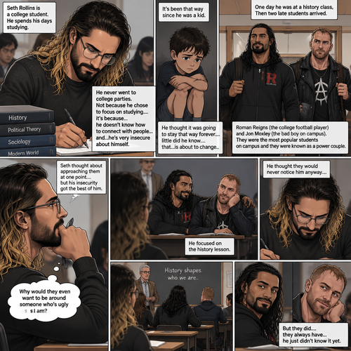 Seth Rollins is a college student. He spends his days studying,He never went to college parties. Not because he chose to focus on studying….it’s because…he doesn’t know how to connect with people…and…he’s very insecure about himself. It’s been that way since he was a kid. He thought it was going to stay that way forever….little did he know….that…is about to change. One day he was at a history class,Then two late students arrived. Roman Reigns (The college football player) and Jon Moxley (The bad boy on campus). They were the most popular students on campus and they were known as a power couple. Seth thought about approaching them at one point….but his insecurity got the best of him. “Why would they even want to be around someone who’s ugly as I am?” Seth thought to himself. He focused on the history lesson. He thought they would never notice him anyway….but they did….they always have…he just didn’t know it yet