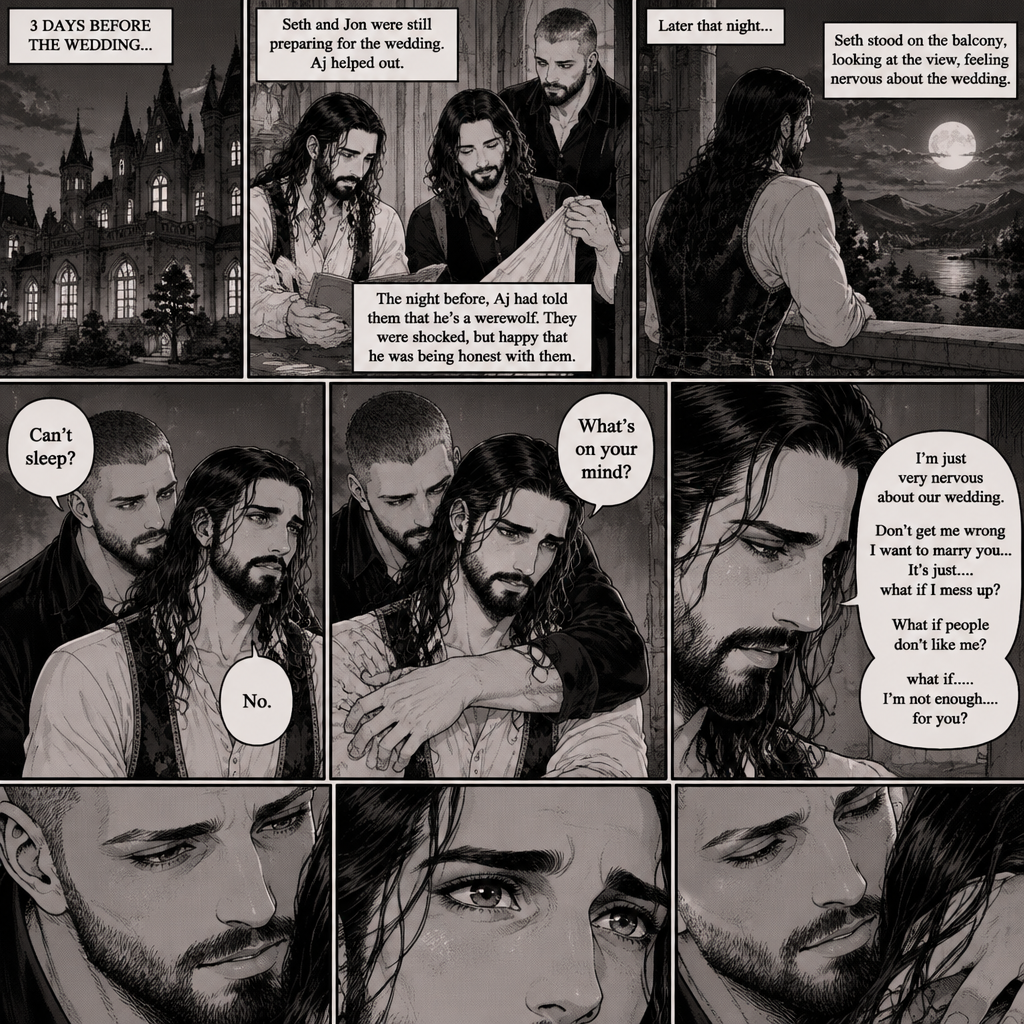 (Recap) Seth Rollins (The vampire hunter turned Bride of the Vampire king) was almost kidnapped by A mysterious figure (AJ Styles),Jon Moxley (Vampire King) Saved Seth,The man took off the hood and revealed he’s Seth’s brother,Seth was stunned. “What?” Seth asked,”I’m your brother” said Aj,Seth shook his head a little,”I don’t believe you” Said Seth,”I know this is a lot to process,but it’s true” said Aj,Jon gently pulled Seth to his side,”How do we know you’re telling the truth?” Jon asked cautiously,Aj shows his birthmark,It’s the shape of a crescent moon…just like Seth’s. Seth was stunned,All this time he thought he was the only one with that birthmark’”A-Are you really my brother?” Seth asked,”Yes Seth…I am” said Aj,”I have been searching for you…all these years” Aj paused,Tears welling up in his eyes,”And I finally found you” Aj continued,Seth didn’t know what to say,Neither did Jon,”I’ve never forgotten about you,little brother” Said Aj,Something flashed in Seth’s mind,it was a memory of himself and Aj when they were little,Aj (as a kid) had promised Seth he would never forget him,The flashback ends,Tears welled up in Seth’s eyes,Seth and Aj hugged each other,Jon just watched. (And now part 8). 3 days before the wedding,Seth and Jon were still preparing. Aj helped out. The night before Aj had told Jon and Seth that he’s a werewolf. Seth and Jon were shocked but were happy that Aj was being honest with them. Seth was on the balcony Looking at the view and Looking nervous about the wedding. Jon appeared behind him checking in on him. “Can’t sleep?” Jon asked. “No” Said Seth. Jon wrapped his arms around him. “What’s on your mind?” Jon asked. “I’m just very nervous about our wedding,Don’t get me wrong I want to marry you…It’s just….what if I mess up? What if people don’t like me?…what if…..I’m not enough….for you?” Said Seth