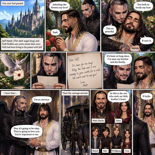 (Part 4 of the dark angel X human story). 1 year had passed,Jeff Hardy (The dark angel king) and Seth Rollins are more closer than ever. Seth had been living in the palace with Jeff. One day Seth was in the garden. Jeff walked behind him. “Admiring the flowers my love?” Jeff asked. Seth smiled softly. “Yeah” Seth said softly. Jeff gently pulled Seth in his embrace. “You look so lovely my love” Jeff said softly. Seth hummed softly. “This so peaceful” Seth said softly. “It sure is” Jeff said softly. Then a messenger bird flew in with a letter. Jeff gently picked up the letter and opened it,It was from his brother Matt saying that he and his wife and kids are coming to Jeff’s castle for a visit. Seth looked at the letter too. Jeff smiled,it had been so long since he’s seen his brother and his family. 1 hour later,Jeff was anticipating their arrival and Seth was completely nervous. Seeing that Seth was nervous Jeff gently held his hand and reassured him. Then the carriage arrived. Matt Hardy walked out of it,Then his wife Reby,Then their kids Maxel,Bart,Wolfgang and Ever. Jeff greeted them. Matt looked at Seth and said “So this is the one who stole my little brother’s heart”. Seth waved nervously and said hello