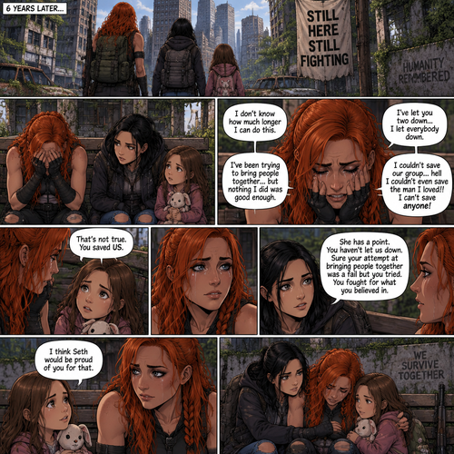 It’s a zombie apocalypse,It’s been that way for 6 years,Becky lynch is surviving with two people,A teenager named Raven and a little girl named Sophie. They used to be part of a group…but they got wiped out by Bandits and Zombies,Becky,Raven and Sophie were the only ones that managed to escape. They’re currently walking in the city. They sat down on a bench to take a break. They were silent for a while. Then…Becky started to cry. Raven and Sophie were concerned. “I don’t know how much longer I can do this” Said Becky. “I’ve been trying to bring people together…but nothing I did was good enough” Becky continued. “I’ve let you two down…I let everybody down” Becky continued. “I couldn’t save our group…hell i couldn’t even save the man I loved!!…I can’t save anyone!” Becky continued. Becky continued to cry. Raven and Sophie were sad to see Becky like this. “That’s not true” said Sophie. “You saved US” Sophie continued. Becky looked at Sophie. “She has a point” said Raven. Becky looked at Raven. “You haven’t let us down,Sure your attempt at bringing people together was a fail but you tried,You fought for what you believed in” Raven continued. “I think Seth would be proud of you for that” said Sophie