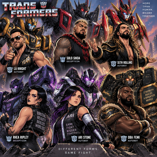 LA Knight,Solo Sikoa,Seth Rollins,Oba Femi,Rhea Ripley and Ari Stone (My wrestler oc) in Transformers