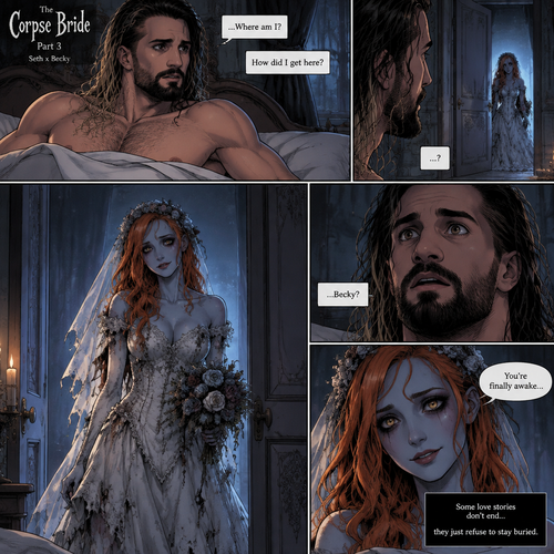 (Part 3 of the corpse bride,Seth x Becky style). Still in the strange bedroom,Seth Rollins was still confused as to how he got there after he woke up. Then the undead woman in a wedding dress (Becky Lynch) walks in