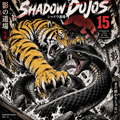 A yellow tiger and black snake fighting for a cover volume 15 of shadow dojos 