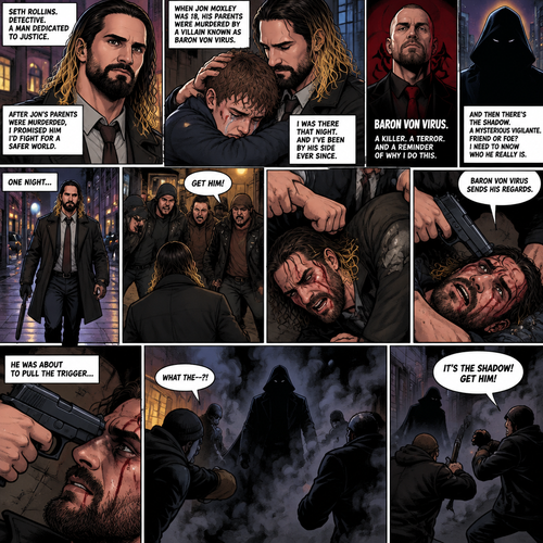 Seth Rollins is a detective. He and Jon Moxley had been friends for years. When Jon was 18 years old His parents were murdered by a villain known as Baron Von Virus. Seth comforted him that night. Ever since then Seth dedicated himself to stopping criminals like Baron Von virus and protecting the innocent. He was also trying to figure out the identity of a mysterious Vigilante known as the shadow. One night he walking down the sidewalk,Then a group of bad people attacked him. He tried to fight back but they overpowered him. They beat him up,Then they hold him down. One of them points a gun at his head and says “Baron von virus sends his regards”. He was about to pull the trigger…but then a shadow myst engulfed him. The shadow is here. They let Seth go and try to attack the shadow