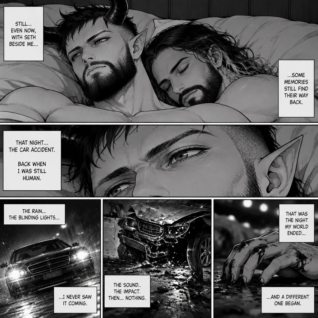 (Part 5 of the Demon King x human story) Finn Bálor (The demon king) and Seth Rollins were still relaxing in bed. Finn thought about the night of the car accident (Back when he was a human)