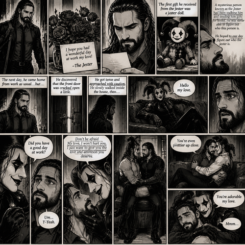 Seth Rollins came home after a long day,He discovered a bouquet of roses on his table. He reads the card,it says “I hope you had a wonderful day at work my love!-The jester”. This wasn’t the first time he received a gift like this. A mysterious person known as the Jester had been stalking him and sending him gifts for weeks. He was never able to figure who this person is. The first gift he received from the jester was a jester doll. He hoped to one day figure out who the jester is. The next day,he came home from work as usual….but….he discovered that the front door was cracked open a little. He got tense and approached with caution. He slowly walked inside the house,then….he heard a voice coming from the living room “Hello my love”. He looked at the source….it was…the jester….in person,Sitting on Seth’s couch. There was something familiar about him…but Seth couldn’t figure it out. “Did you have a good day at work?” Asked the Jester. Seth was a little nervous. “Um…Y-Yeah” said Seth. Seeing how nervous Seth was The Jester slowly walked towards Seth. He gently lifted Seth’s chin. “Don’t be afraid My love,I won’t hurt you,I just want to give you the love and attention you deserve” the jester said softly. Seth blushed a little. The jester lifted Seth in his arms,Then he walked back to the couch and sat down putting Seth on his lap. “You’re even prettier up close” the jester said softly. Seth’s heart fluttered. The jester Wrapped his arms around Seth. “You’re adorable my love” The jester said softly. Seth hummed softly. They cuddled on the couch. (End of part 1)