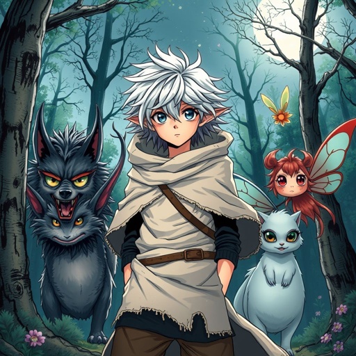  Nightfall In the woods with a teenage boy leading a group of monsters