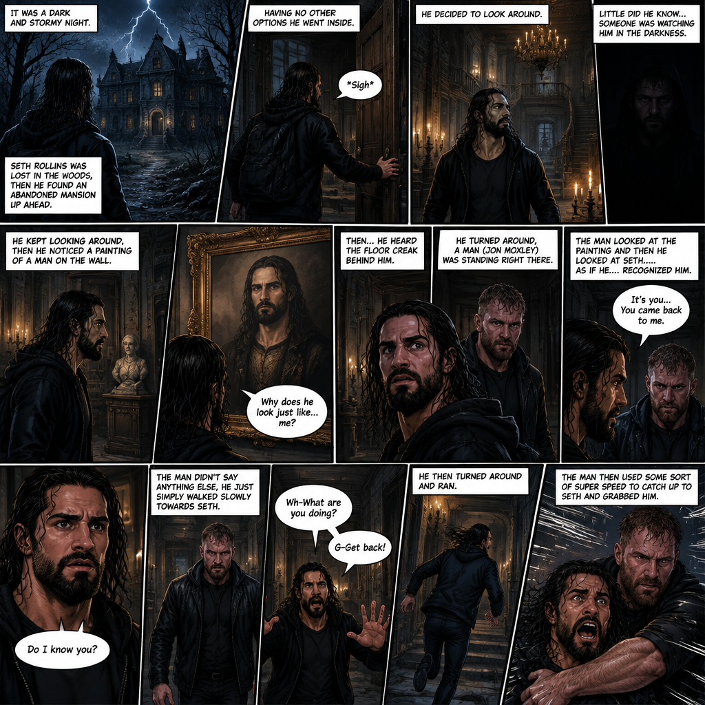 It was a dark and stormy night.Seth Rollins was lost in the woods,Then he found an abandoned mansion up ahead.Having no other options he went inside.He sighed heavily.He decided to look around,Little did he know…Someone was watching him in the darkness.He kept looking around,Then he noticed a painting of a man on the wall,He couldn’t help but notice…that the man in the painting…looked just like…him. “Why does he look just like…me?” Seth asked himself.Then…He heard the floor creak behind him,He turned around,A man (Jon Moxley) was standing right there.The man Looked at the painting and then he looked at Seth…..as if he….recognized him. “It’s you…You came back to me” The man said softly to Seth.Seth was confused. “Do I know you?” Seth asked.The man didn’t say anything else,He just simply walked slowly towards Seth.Seth got nervous and walked backwards slowly. “Wh-What are you doing?” Asked Seth. “G-Get back!” Said Seth.He then turned around and ran.The man then used some sort of super speed to catch up to Seth and grabbed him