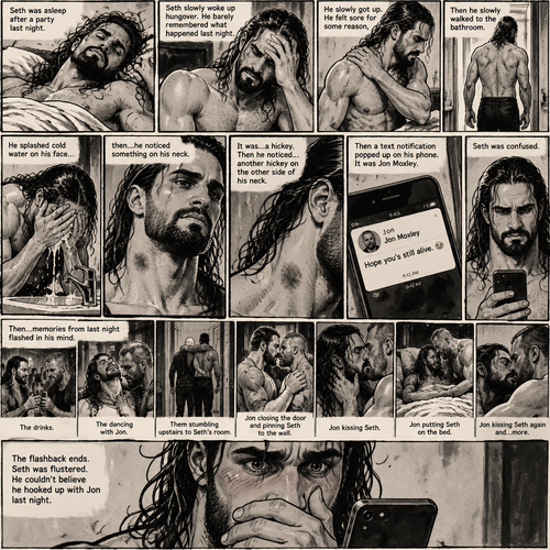 Seth Rollins was asleep after a party last night. Seth slowly woke up hungover,He barely remembered what happened last night. He slowly got up,He felt sore for some reason,Then he slowly walked to the bathroom. He splashed cold water on his face…then…he noticed something on his neck,It was…a hickey. Then he noticed…another hickey on the other side of his neck. Then a text notification popped up on his phone,It was Jon Moxley. Seth was confused,Then…memories from last night flashed in his mind. The drinks,The dancing with Jon,Them stumbling upstairs to Seth’s room,Jon closing the door and pinning Seth to the wall,Jon kissing Seth,Jon putting Seth on the bed,Jon kissing Seth again and…more. The flashback ends. Seth was flustered,He couldn’t believe he hooked up with Jon last night. (End of part 1)