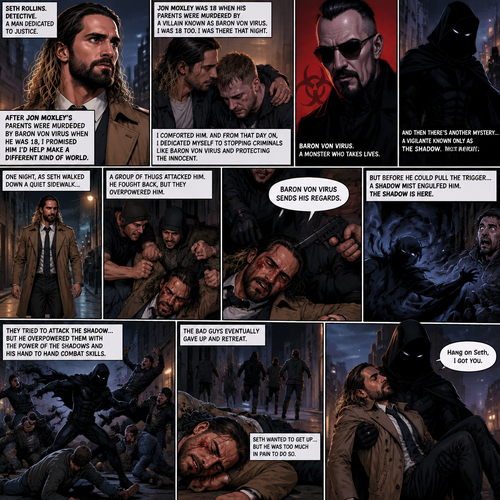 Seth Rollins is a detective. He and Jon Moxley had been friends for years. When Jon was 18 years old His parents were murdered by a villain known as Baron Von Virus. Seth (who was also 18 at the time) comforted him that night. Ever since then Seth dedicated himself to stopping criminals like Baron Von virus and protecting the innocent. He was also trying to figure out the identity of a mysterious Vigilante known as the shadow. One night he walking down the sidewalk,Then a group of bad people attacked him. He tried to fight back but they overpowered him. They beat him up,Then they hold him down. One of them points a gun at his head and says “Baron von virus sends his regards”. He was about to pull the trigger…but then a shadow myst engulfed him. The shadow is here. They let Seth go and try to attack the shadow but he overpowered them with the power of the shadows and his hand to hand combat skills. Seth wanted to get up but he was too much in pain to do so. The bad guys eventually give up and retreat. The shadow ran towards Seth. He gently rested Seth’s head on his shoulder and gently lifted him in his arms. He started walking. “Hang on Seth,I got you” The shadow said softly