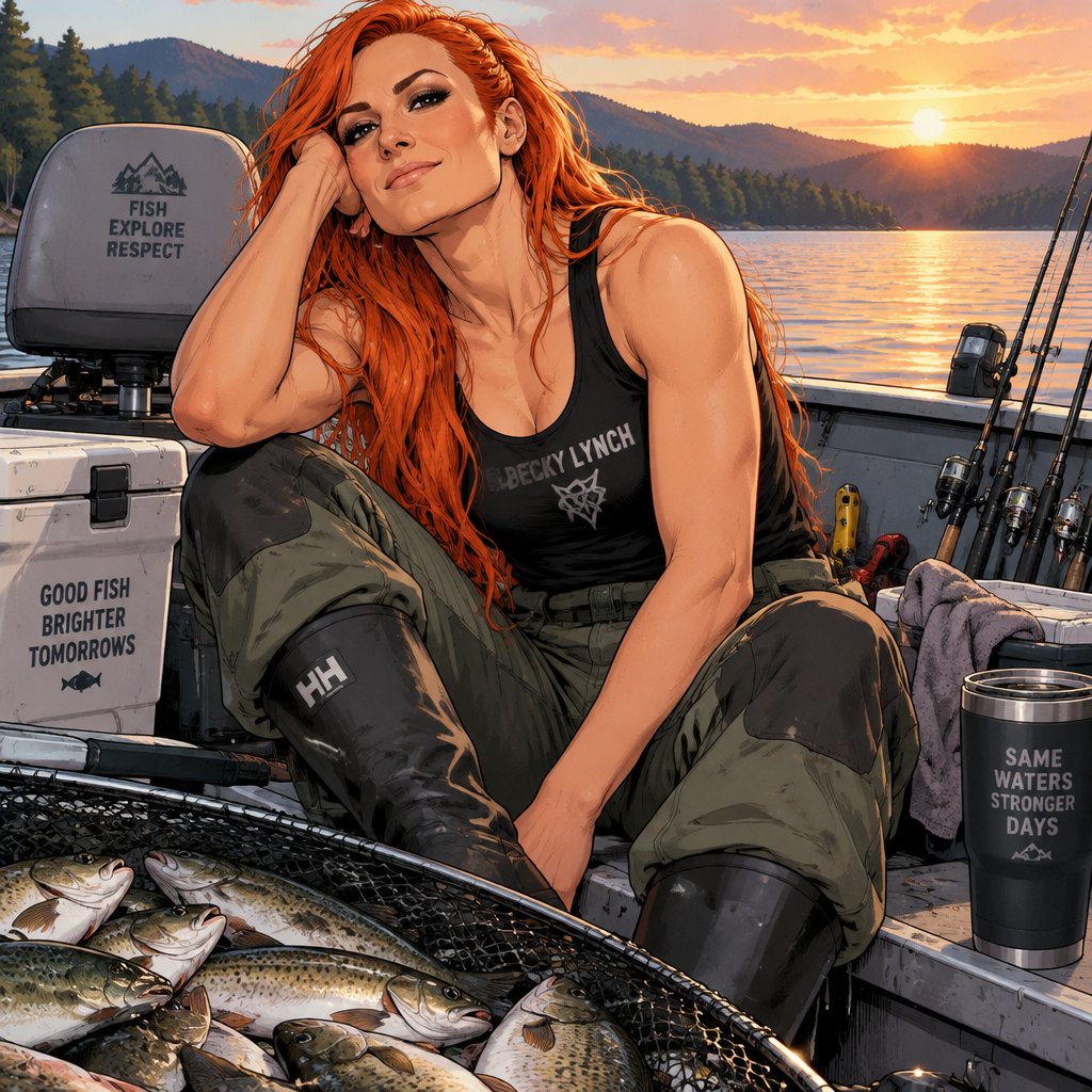 Becky Lynch is in a fishing boat,She had a long day of fishing. She caught a lot of fish (she released them after)