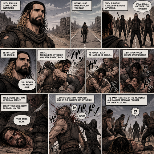 Seth Rollins is a wasteland wonderer,He was just walking down the road. Then suddenly….A group of bandits appeared. Seth stood his ground. Then….the bandits attacked and Seth fought back. He fought back as hard as he could…but eventually he was overpowered. The bandits beat him up really badly. One of them was about to finish him off…but before that happened…..One of the bandits got attacked. The bandits let go of the weakened and Injured Seth and focused on their attacker