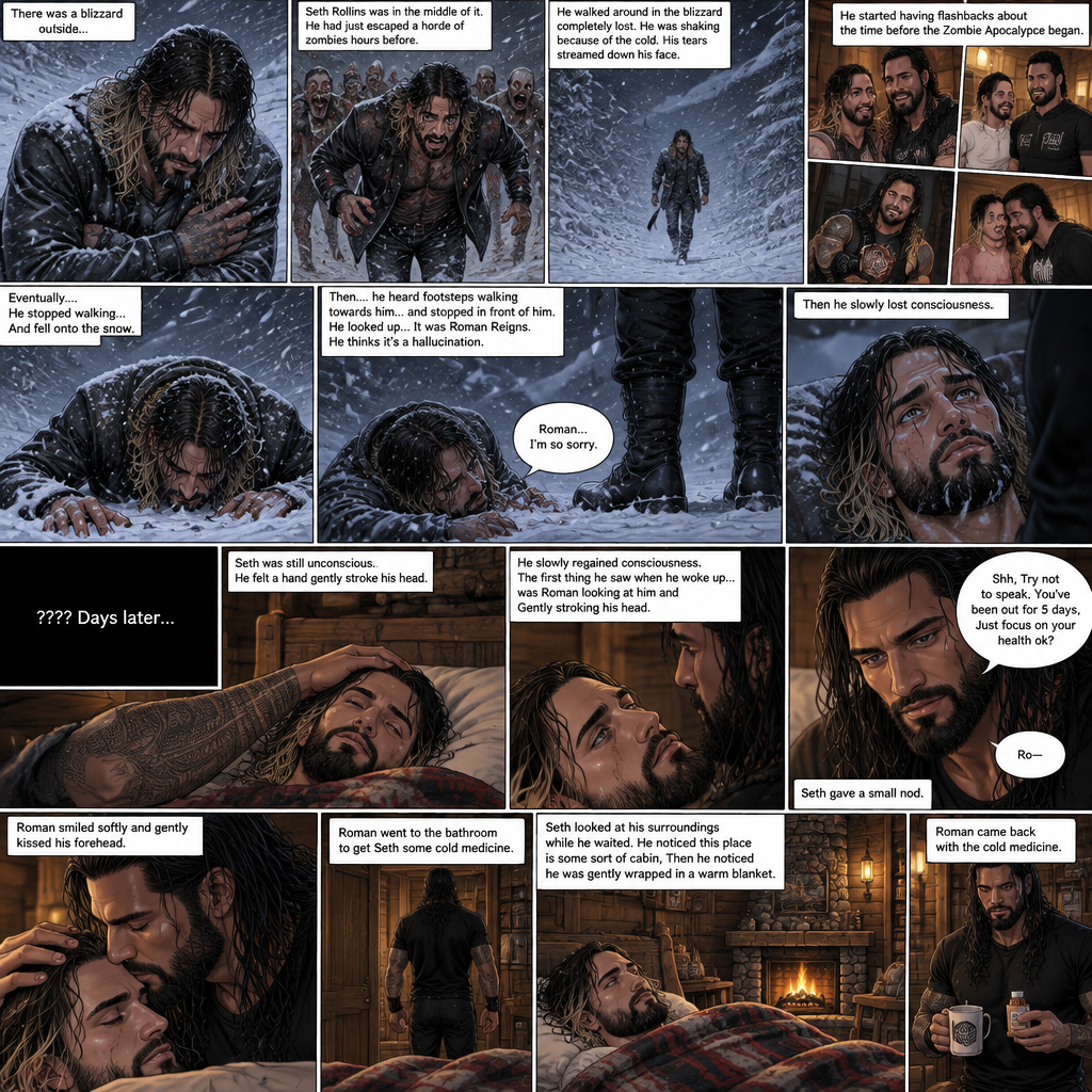 There was a blizzard outside,Seth Rollins was in the middle of it,He had just escaped a horde of zombies hours before.He was shaking because of the cold.He walked around in the blizzard completely lost.His tears streamed down his face.He started having flashbacks about the time before the Zombie Apocalypse began.Eventually….He stopped walking…And fell onto the snow,Then….he heard footsteps walking towards him…and stopped in front of him.He looked up…It was Roman Reigns.He thinks it’s a hallucination. “Roman…I’m so sorry” Seth said to the “Hallucination”,Then he slowly lost consciousness. ???? Days later,Seth was still unconscious,He felt a hand gently stroke his head,He slowly regained consciousness,The first thing he saw when he woke up…was Roman looking at him and Gently stroking his head.He tried to speak “Ro-“. “Shh,Try not to speak,You’ve been out for 5 days,Just focus on your health ok?” Roman said Softly.Seth gave a small nod.Roman smiled softly and gently kissed his forehead.Roman went to the bathroom to get Seth some cold medicine.Seth looked at his surroundings while he waited,He noticed this place is some sort of cabin,Then he noticed he was gently wrapped in a warm blanket.Roman came back with the cold medicine
