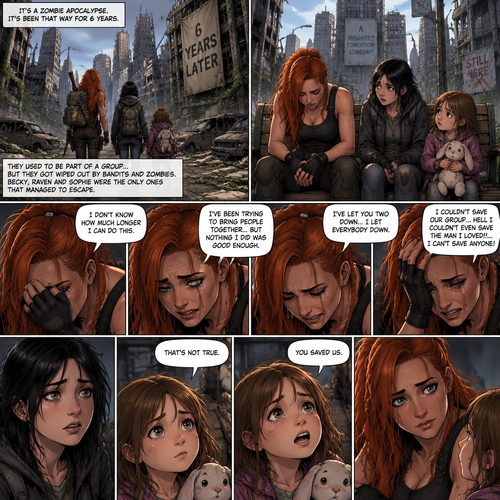It’s a zombie apocalypse,It’s been that way for 6 years,Becky lynch is surviving with two people,A teenager named Raven and a little girl named Sophie. They used to be part of a group…but they got wiped out by Bandits and Zombies,Becky,Raven and Sophie were the only ones that managed to escape. They’re currently walking in the city. They sat down on a bench to take a break. They were silent for a while. Then…Becky started to cry. Raven and Sophie were concerned. “I don’t know how much longer I can do this” Said Becky. “I’ve been trying to bring people together…but nothing I did was good enough” Becky continued. “I’ve let you two down…I let everybody down” Becky continued. “I couldn’t save our group…hell i couldn’t even save the man I loved!!…I can’t save anyone!” Becky continued. Becky continued to cry. Raven and Sophie were sad to see Becky like this. “That’s not true” said Sophie. “You saved US” Sophie continued