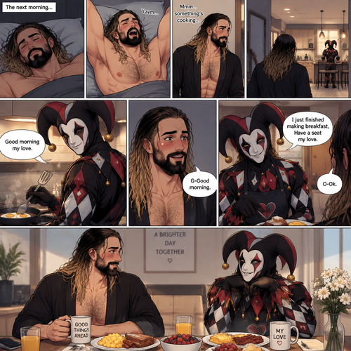 (Recap) Seth Rollins came home after a long day at work,a bouquet of roses were on the table,There’s a card that says “I hope you had a wonderful day at work My love! -The Jester”,The jester had been stalking Seth and giving him gifts for weeks,he hoped to one day find out who the Jester was,the next day he came home from work…But the front door was cracked open a little,he got tense and approached with caution,then he heard a voice coming from the living room “Hello my love”,The Jester was sitting on Seth’s couch,The Jester got up,he slowly walked towards Seth,He lifted Seth in his arms,He walked back to the couch and sat down putting Seth on his lap,Then they cuddled on the couch. (And now part 2). The next morning,Seth was asleep in bed. He slowly woke up,Then he slowly sat up. He stretched his arms out and yawned. Then…he smelled something cooking. He got up and slowly walked downstairs to the kitchen. The Jester was making breakfast,Then he noticed Seth was awake and smiled. “Good morning my love” Said the Jester. Seth blushed a little. “G-Good morning” said Seth. “I just finished making breakfast,Have a seat my love” Said the Jester. “O-Ok” said Seth. He sat down at the table. The jester sat down at the table as well