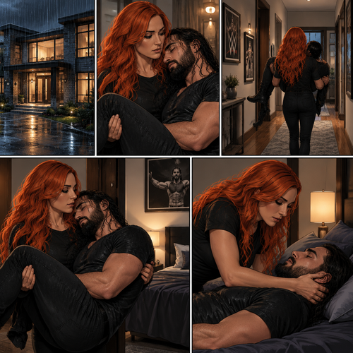 Part 3.Still is Seth Rollins’s house,Still raining outside,Becky Lynch was holding Seth Rollins in her arms,She walked to his bedroom while holding him