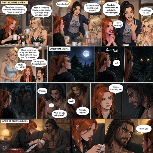 (Part 2 of the Werewolf X human story). It’s been two months since the night Becky Lynch and Her friends Charlotte Flair and Bayley saved the Man (Seth Rollins). They haven’t seen him since. Becky and charlotte were having brunch at a cafe,They were talking about the recent werewolf attacks. Then Bayley showed up late….with a happy grin on her face. She apologized for being late and sat at the table. Then she said she’s has some exciting news to share with the two of them….Finn Bálor proposed to her last night…and she said yes. Becky and Charlotte were happy and excited for Bayley. Then Charlotte said she’s has some news of her own. She and her husband (Kurt Wagner a.k.a nightcrawler) have worked it out…and She’s pregnant. Becky and Bayley were happy and excited for Charlotte. Later that night,Becky was in her backyard looking at the moon…then…She heard a noise from the forest near her house. She looked closely. A pair of Yellow eyes were looking at her. A werewolf slowly walked out of the forest and walked towards her. Her heart was pounding. The werewolf stood in front of her. She….recognized those eyes….it was the man Becky and the girls saved two months ago. “It’s you” said Becky. He nodded. “What are you doing here?” Becky asked. He shows her the wound on his arm…then he spoke “Can you help me?”. Becky looked at the wound. “Sure…I can help you” Said Becky. They went inside Becky’s house. Becky went to get the first aid kit and the werewolf sat down on the couch. She came back and gently treated the werewolf’s wound. After a while,she was finished. “Thank you” the werewolf said softly