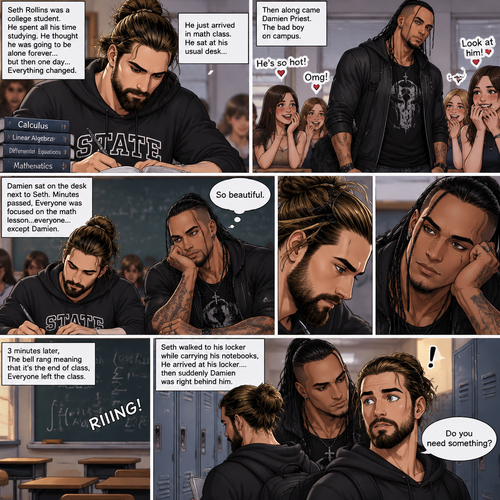 Seth Rollins was a college student,He spent all his time studying. He thought he was going to be alone forever…but then one day….Everything changed. He just arrived In math class,He sat at his usual desk…then along came Damien Priest,The bad boy on campus. The girls were gushing and giggling all over him. Seth was just trying to focus on studying and taking notes. Damien sat on the desk next to Seth. Minutes passed,Everyone was focused on the math lesson…everyone…except Damien. He was focused on only one thing…Seth. He was looking at Seth like he was the most beautiful angel he’s ever seen. “So beautiful” Damien said in his mind. 3 minutes later,The bell rang meaning that it’s the end of class,Everyone left the class. Seth walked to his locker while carrying his notebooks,He arrived at his locker….then suddenly Damien was right behind him. Seth was startled. Damien was just staring at him. “Do you need something?” Asked Seth